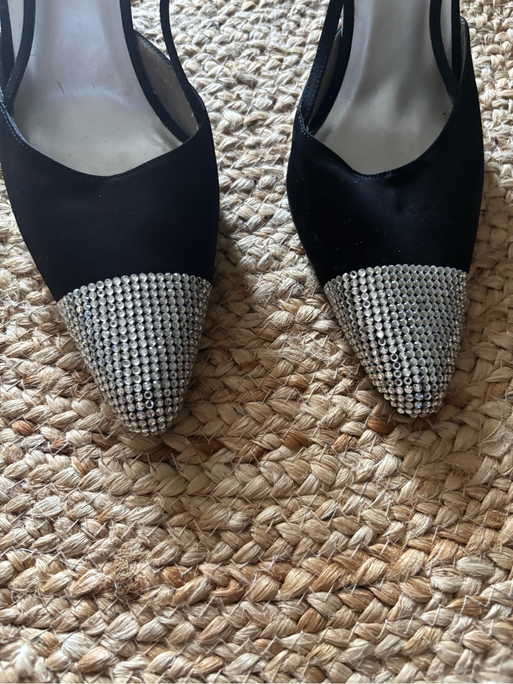 Valerie Stevens Black Pointed Slingback Heels with Crystal-Capped Toe
